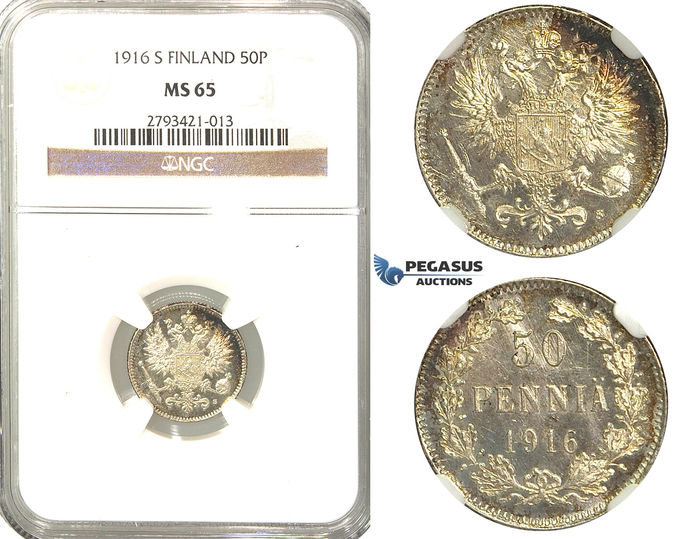 R335, Finland (under Russia) Nicholas II, 50 Penniä 1916-S, Silver, NGC MS65