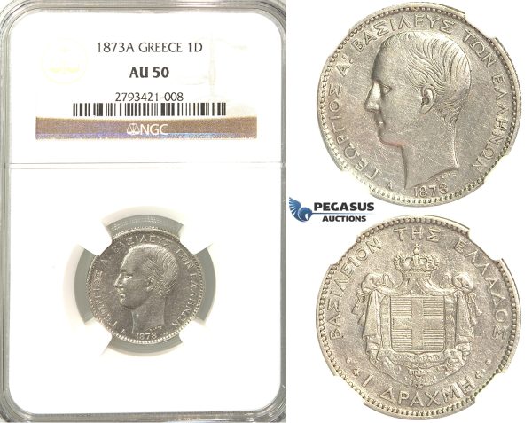 R336, Greece, George I, 1 Drachm 1873-A, Paris, Silver, NGC AU50