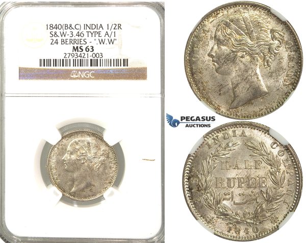 R338, East India Company (British) Victoria, 1/2 Rupee 1840 (B&C) 24b. W.W, Silver, NGC MS63