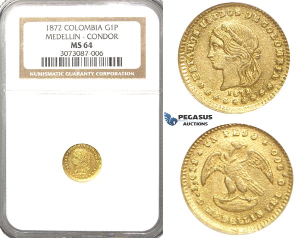R34, Colombia, 1 Peso 1872 (Condor) Medellin, Gold, NGC MS64