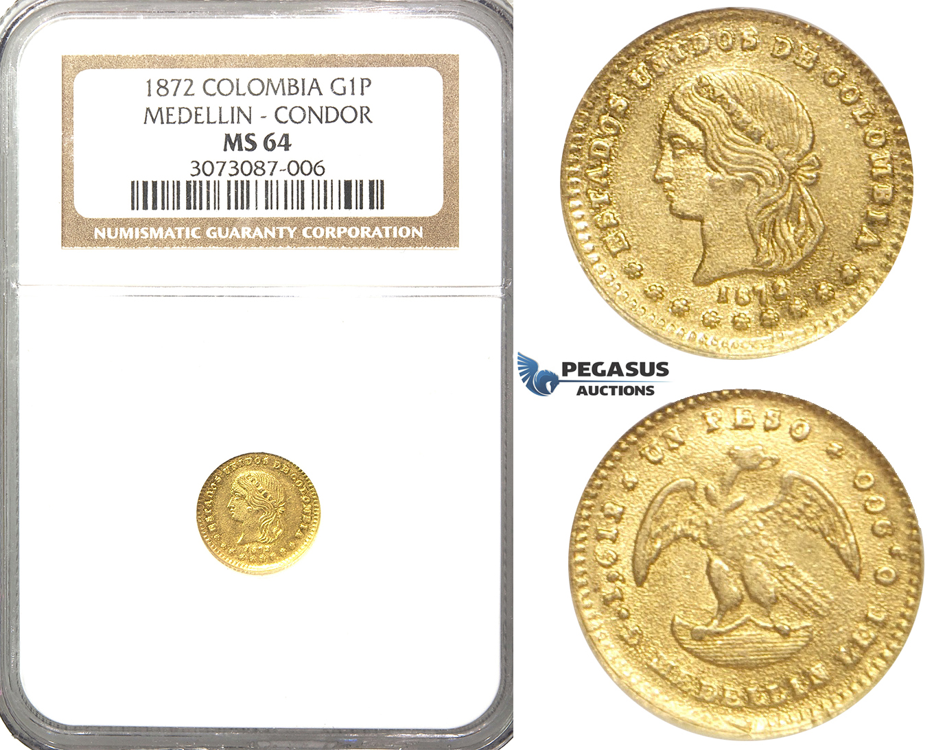 R34, Colombia, 1 Peso 1872 (Condor) Medellin, Gold, NGC MS64