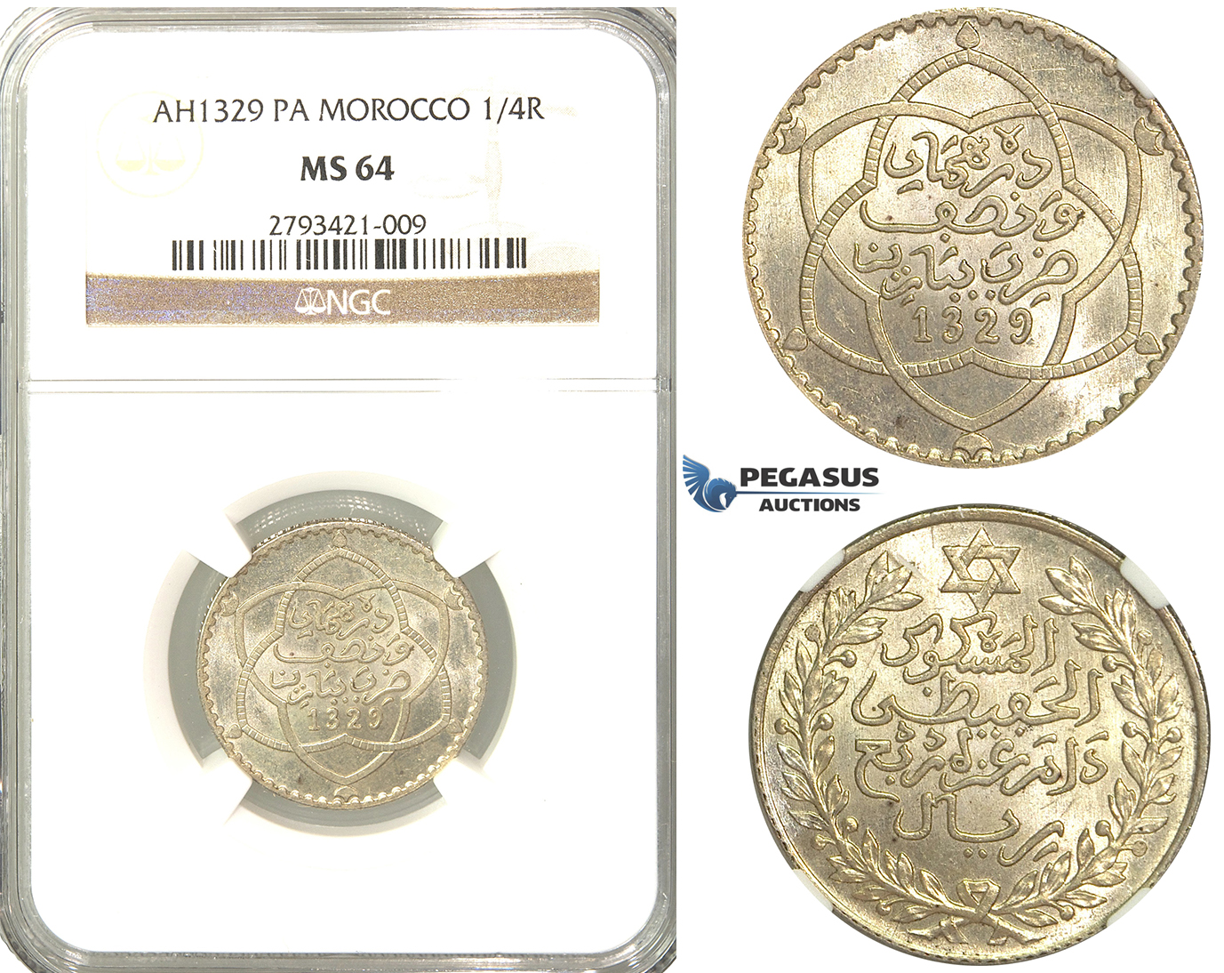 R340, Morocco, Abd al-Hafiz, 1/4 Rial AH1329-Pa, Paris, Silver, NGC MS64 (Pop 1/1, No Finer!)