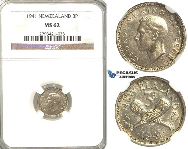 R341, New Zealand, George VI, Three pence (3 Pence) 1941, Silver, NGC MS62