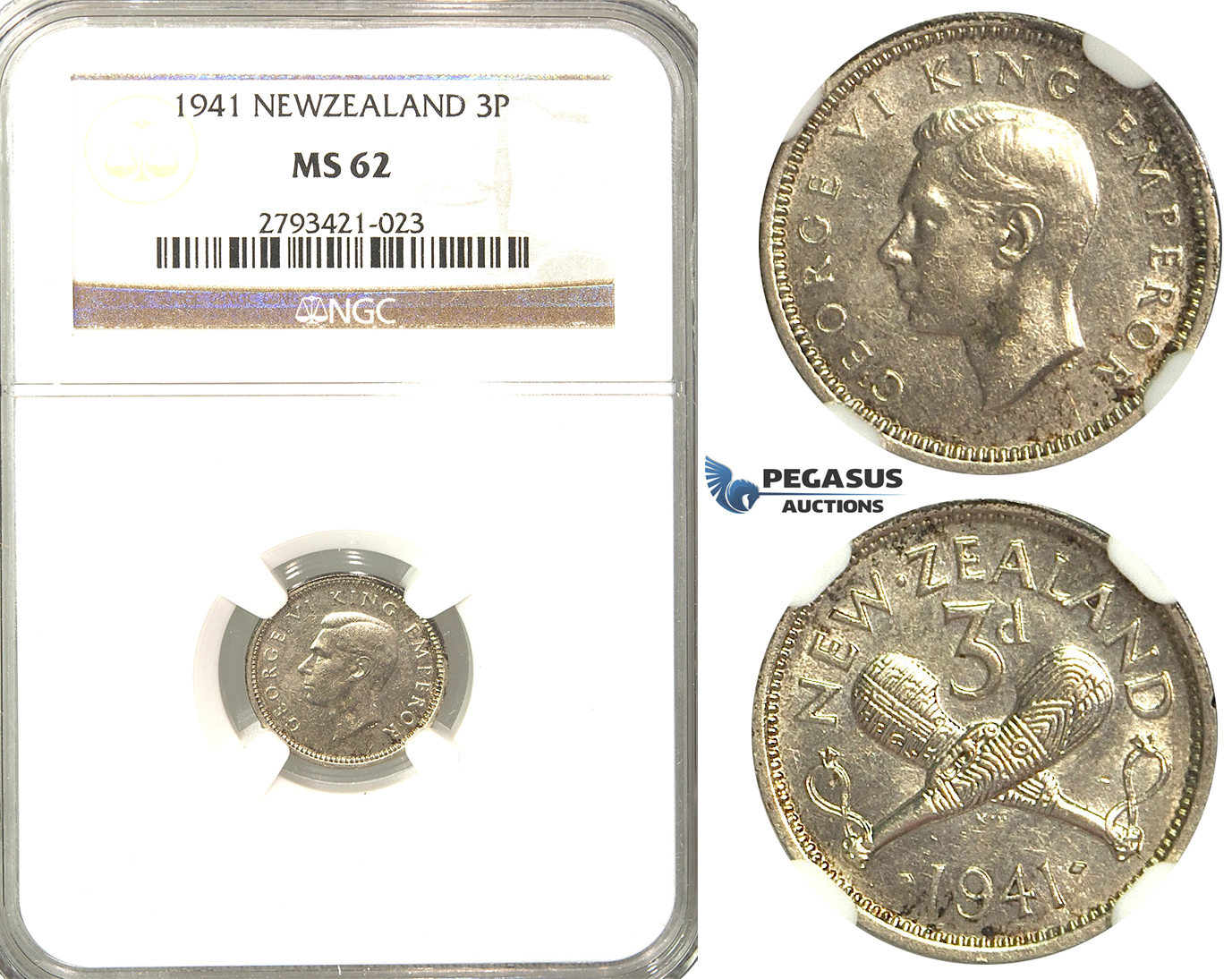 R341, New Zealand, George VI, Three pence (3 Pence) 1941, Silver, NGC MS62