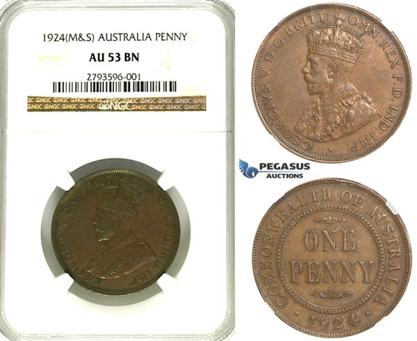 R345, Australia, George V, Penny 1924 (M&S) NGC AU53BN