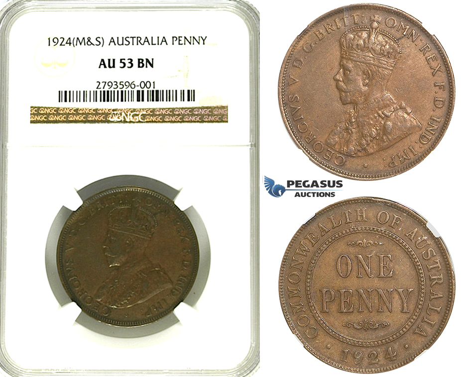 R345, Australia, George V, Penny 1924 (M&S) NGC AU53BN