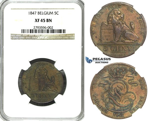 R346, Belgium, Leopold I, 5 Centimes 1847 (French Leg.) NGC XF45BN