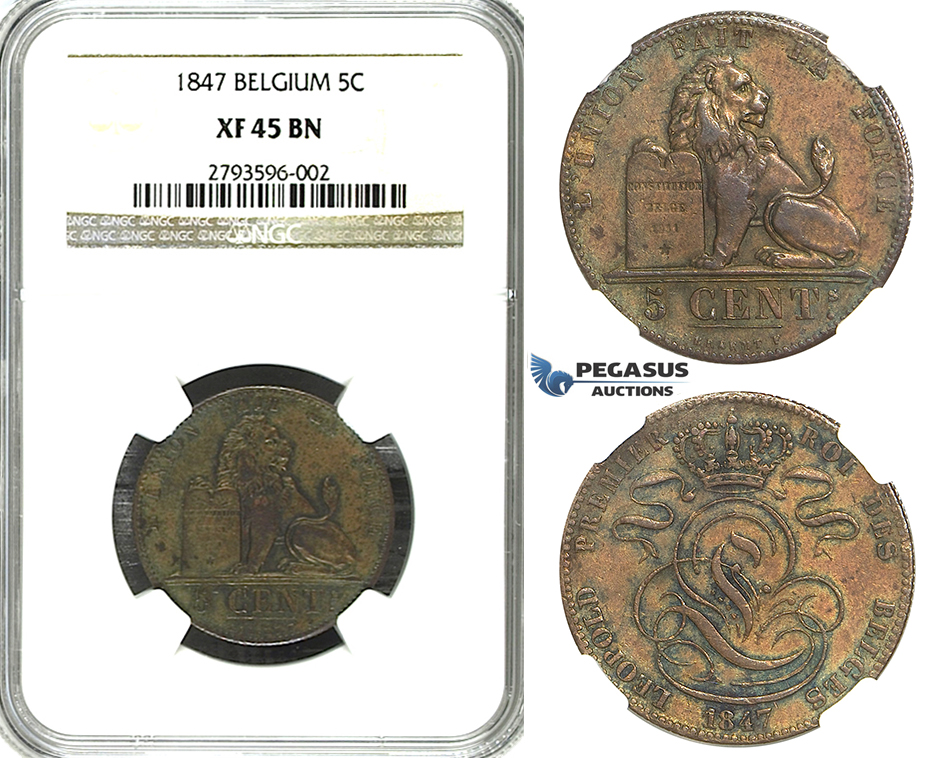 R346, Belgium, Leopold I, 5 Centimes 1847 (French Leg.) NGC XF45BN