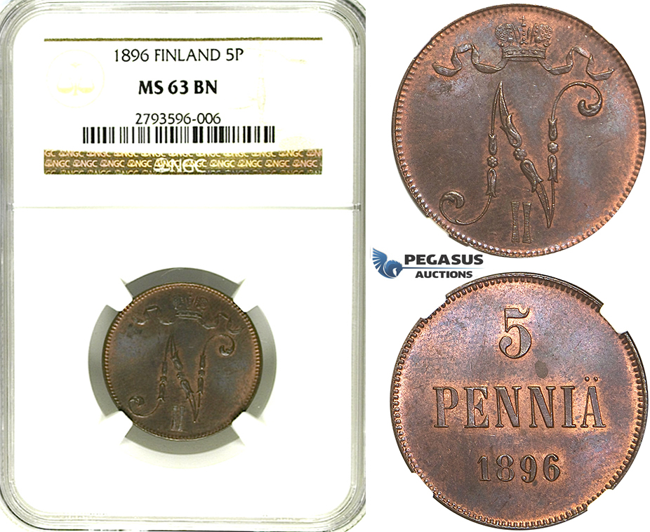 R348, Finland (under Russia) Nicholas II, 5 Penniä 1896, NGC MS63BN