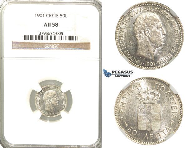 R35, Crete, Prince George, 50 Lepta 1901, Paris, Silver, NGC AU58