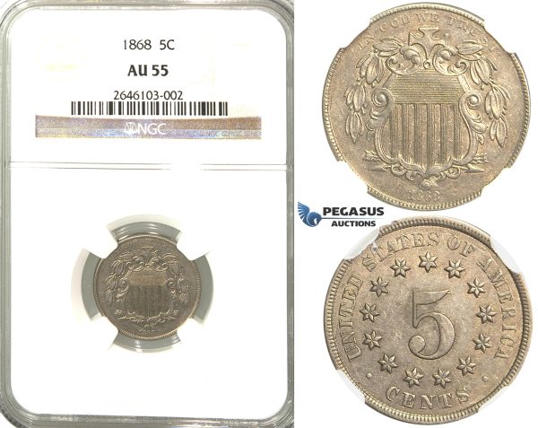 R358, United States, Shield 5 Cents 1868, NGC AU55