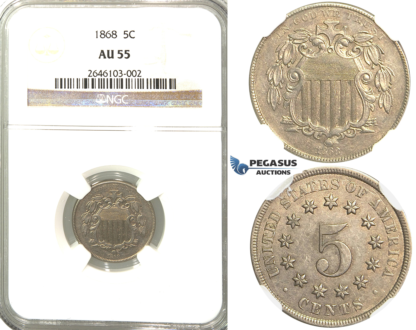 R358, United States, Shield 5 Cents 1868, NGC AU55