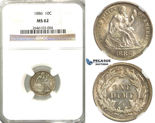 R359, United States, Liberty Seated Dime (10C) 1886, Silver, NGC MS62
