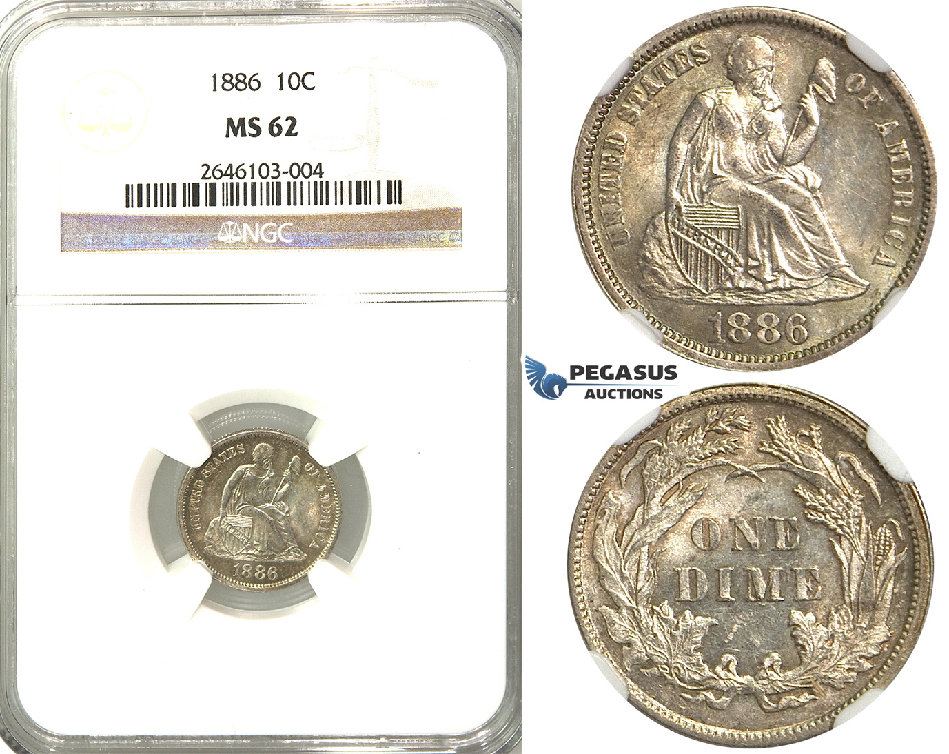 R359, United States, Liberty Seated Dime (10C) 1886, Silver, NGC MS62