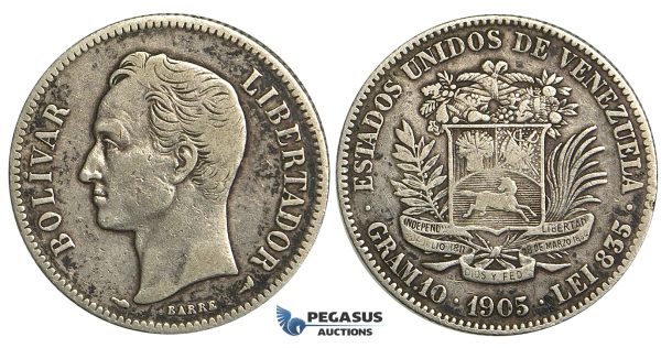 R366, Venezuela, 2 Bolivares 1905, Paris, Silver