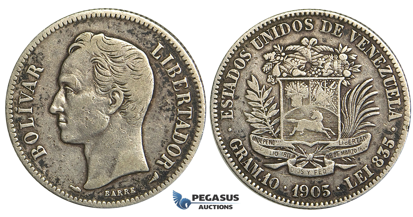 R366, Venezuela, 2 Bolivares 1905, Paris, Silver