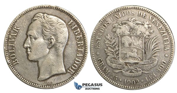 R367, Venezuela, 5 Bolivares 1902, Silver