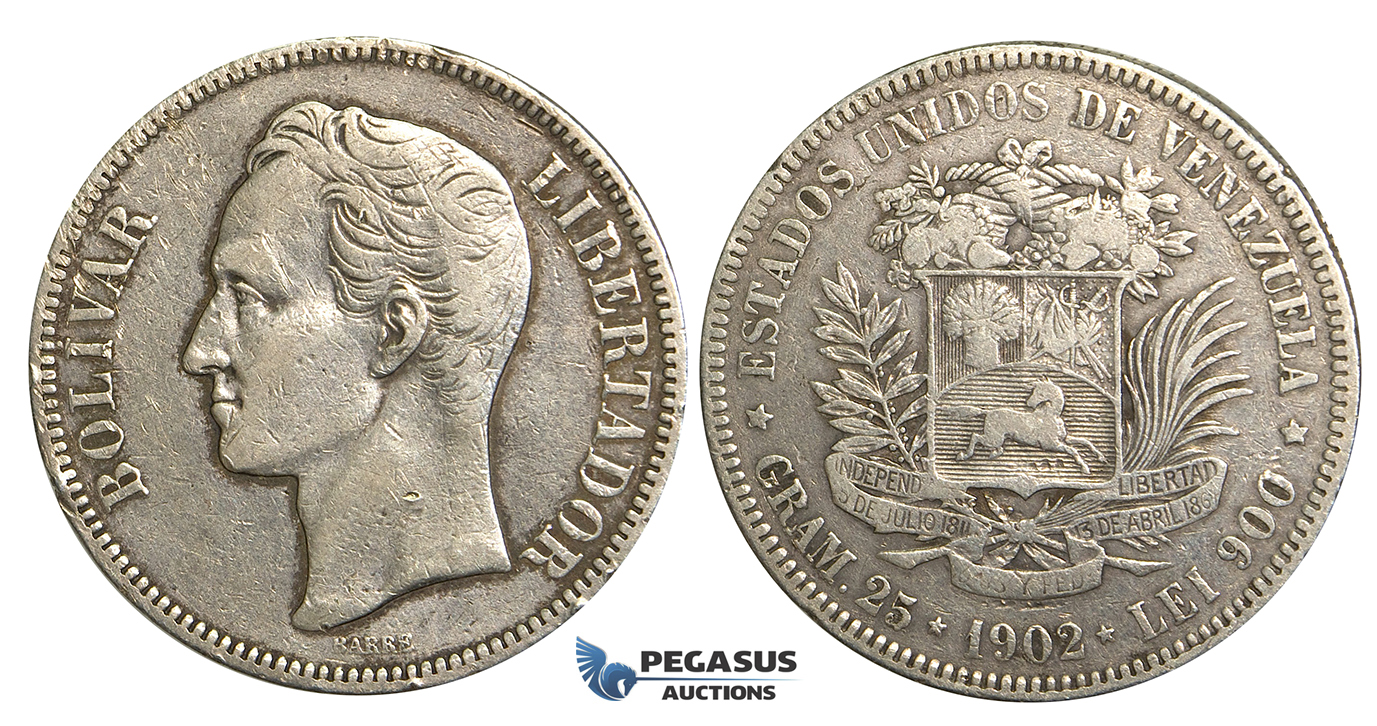 R367, Venezuela, 5 Bolivares 1902, Silver