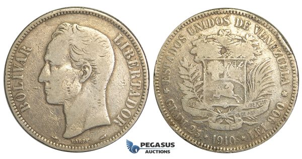 R368, Venezuela, 5 Bolivares 1910, Paris, Silver