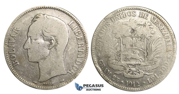 R369, Venezuela, 5 Bolivares 1912, Paris, Silver