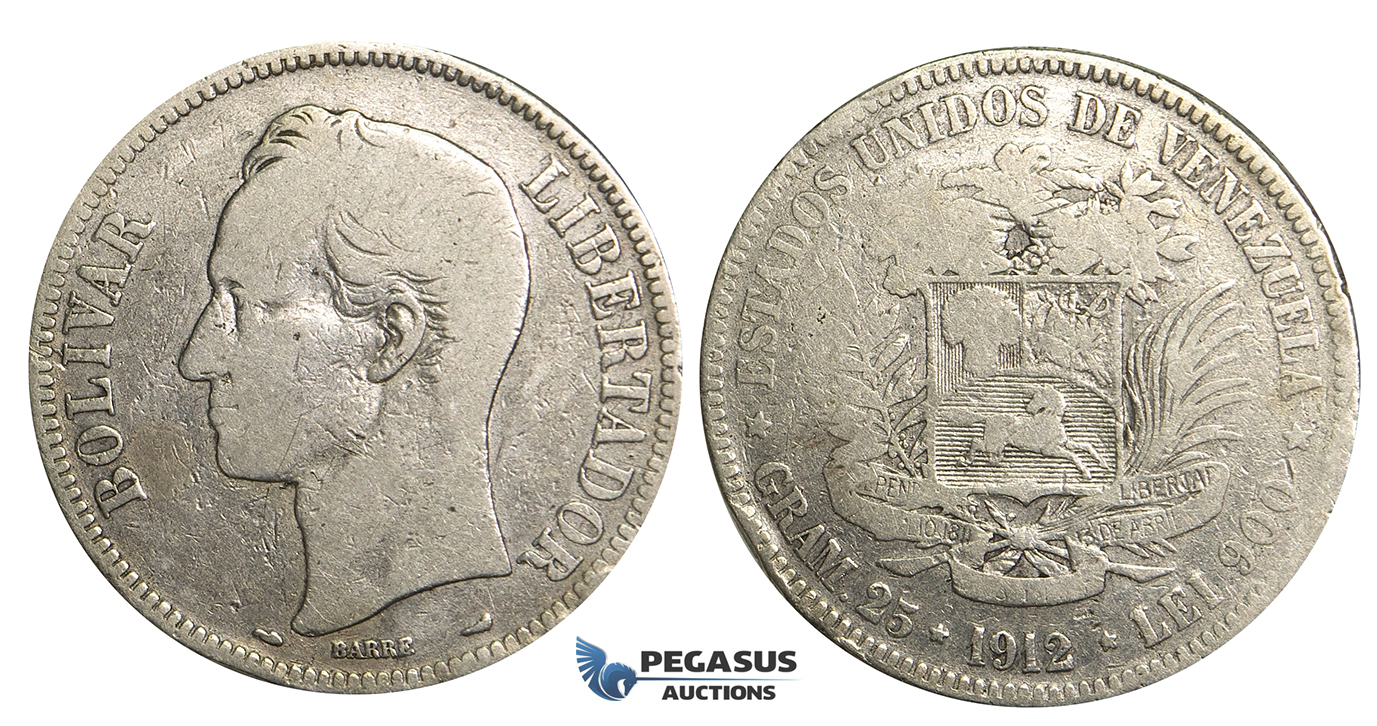 R369, Venezuela, 5 Bolivares 1912, Paris, Silver