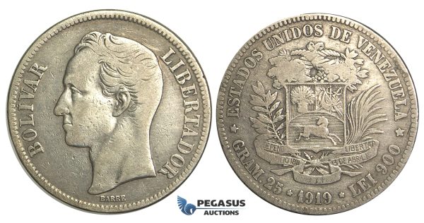 R370, Venezuela, 5 Bolivares 1919, Silver