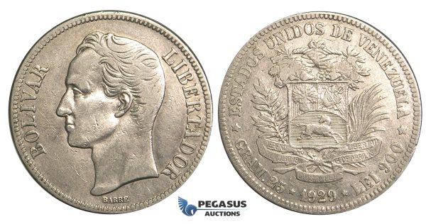 R371, Venezuela, 5 Bolivares 1929, Silver, Nice!