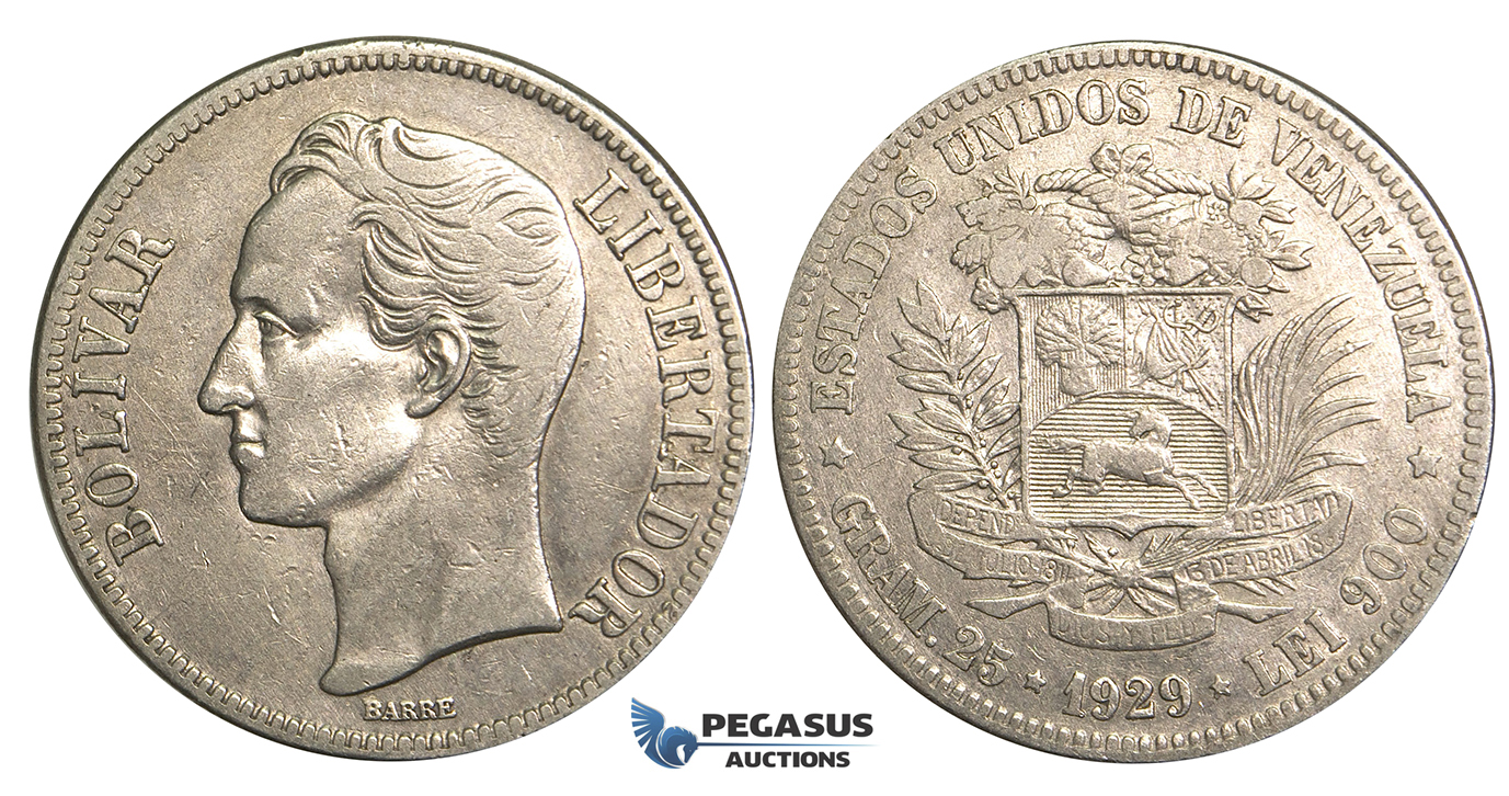 R371, Venezuela, 5 Bolivares 1929, Silver, Nice!