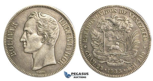 R372, Venezuela, 5 Bolivares 1935, Silver, Good details!
