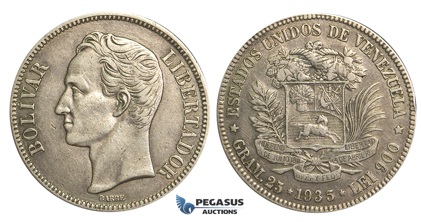 R372, Venezuela, 5 Bolivares 1935, Silver, Good details!