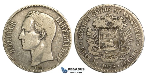 R373, Venezuela, 5 Bolivares 1936, Silver