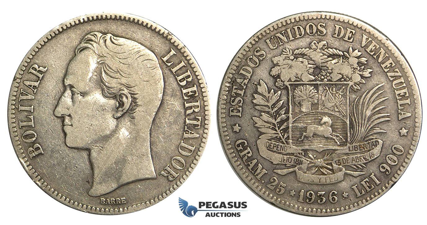 R373, Venezuela, 5 Bolivares 1936, Silver