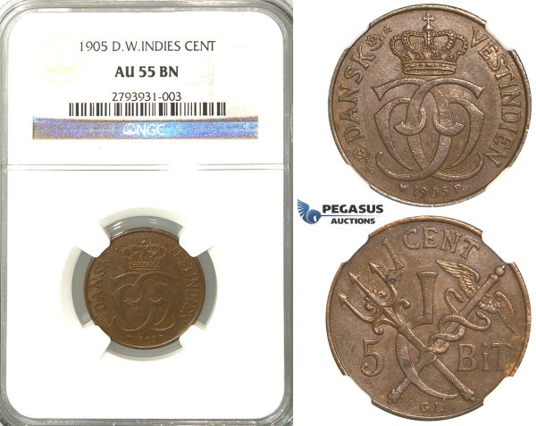 R374, Danish West Indies, Christian IX, 1 Cent (5 Bit) 1905, Copenhagen, NGC AU55BN