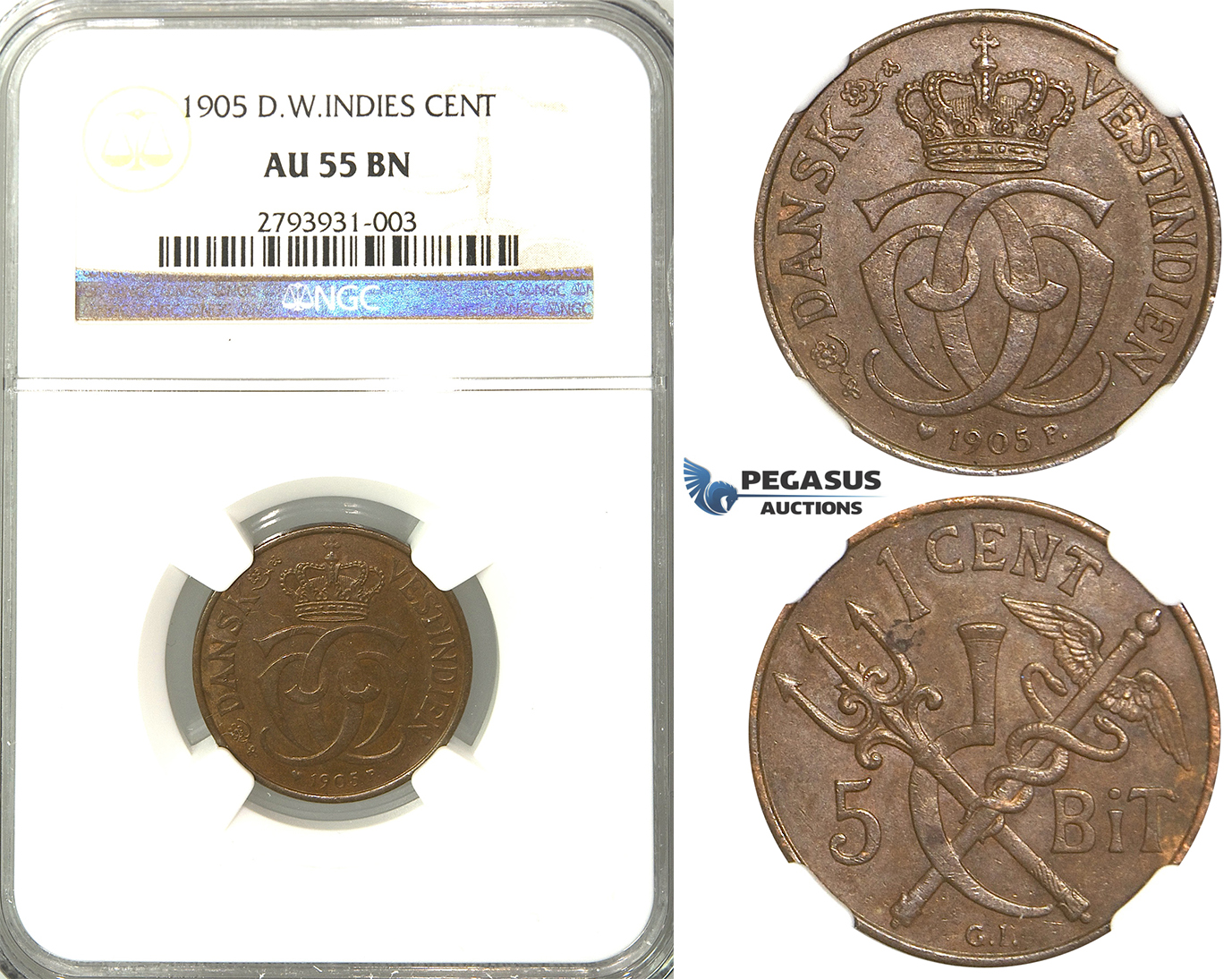 R374, Danish West Indies, Christian IX, 1 Cent (5 Bit) 1905, Copenhagen, NGC AU55BN