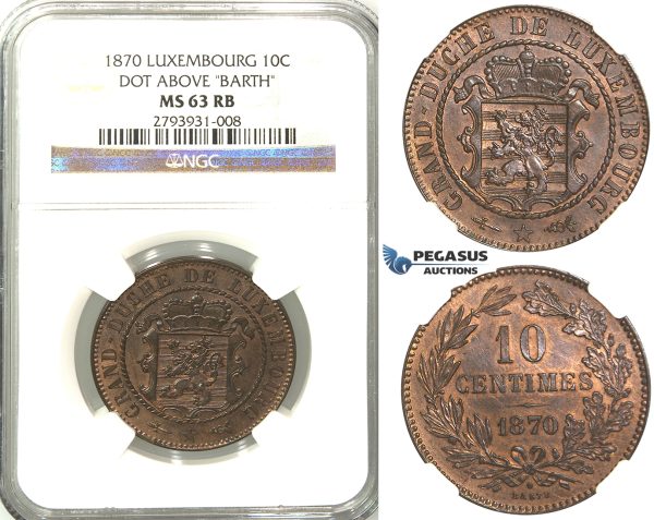 R379, Luxembourg, Guillaume III, 10 Centimes 1870 (Dot above B.) NGC MS63RB