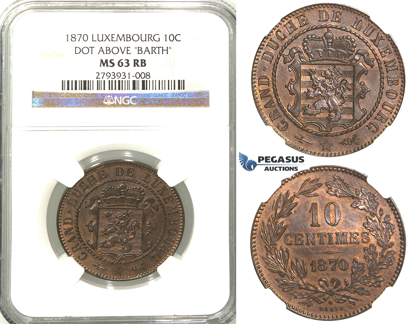 R379, Luxembourg, Guillaume III, 10 Centimes 1870 (Dot above B.) NGC MS63RB