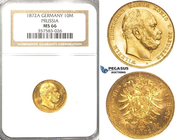 R38, Germany, Prussia, Wilhelm I, 10 Mark 1872-A, Berlin, Gold, NGC MS66
