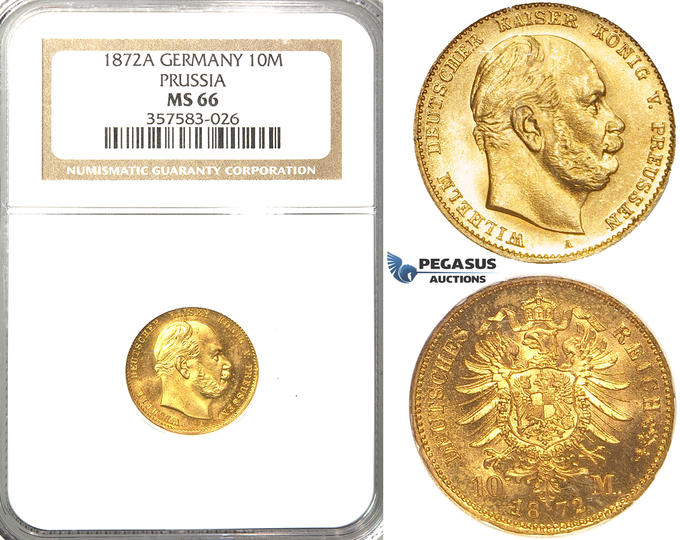 R38, Germany, Prussia, Wilhelm I, 10 Mark 1872-A, Berlin, Gold, NGC MS66
