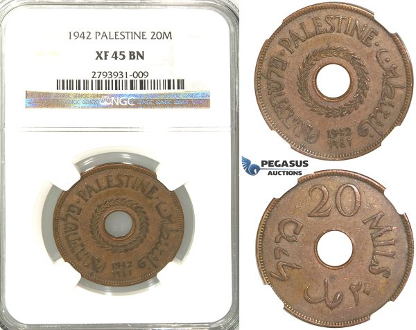 R380, Palestine, 20 Mils 1942, NGC XF45BN