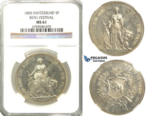 R381, Switzerland, Bern Festival 5 Francs 1885 Shooting Taler, Silver, NGC MS61