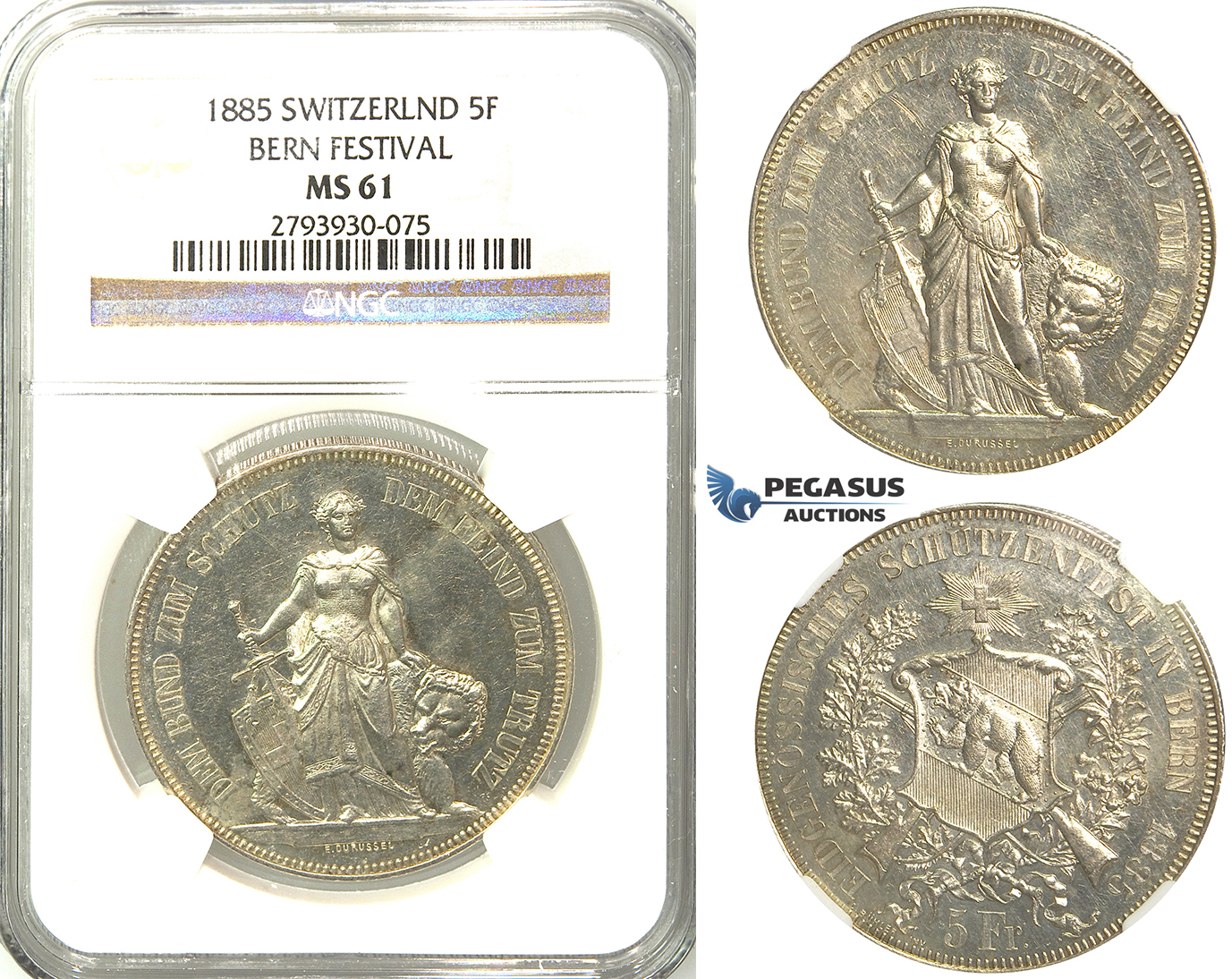 R381, Switzerland, Bern Festival 5 Francs 1885 Shooting Taler, Silver, NGC MS61