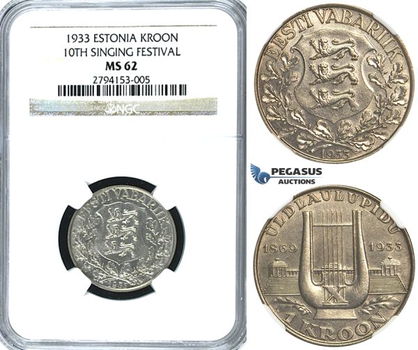 R382, Estonia, 1 Kroon 1933 (10th Singing Festival) Silver, NGC MS62