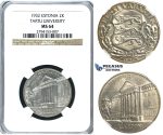 R384, Estonia (Tercentenary University of Tartu) 2 Krooni 1932, Silver, NGC MS64