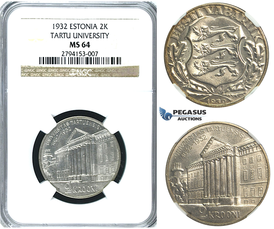 R384, Estonia (Tercentenary University of Tartu) 2 Krooni 1932, Silver, NGC MS64