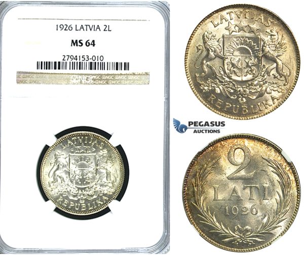 R387, Latvia, 2 Lati 1926, Silver, NGC MS64