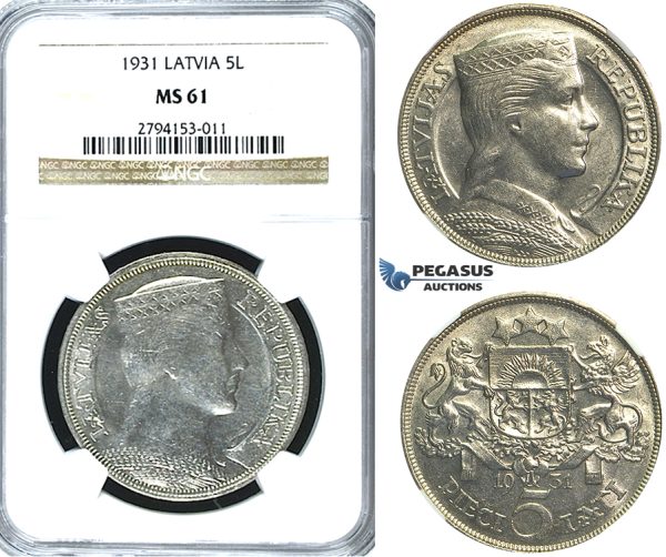 R388, Latvia, 5 Lati 1931, Silver, NGC MS61