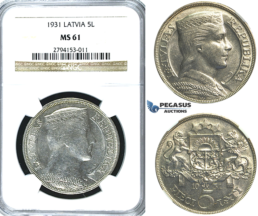 R388, Latvia, 5 Lati 1931, Silver, NGC MS61