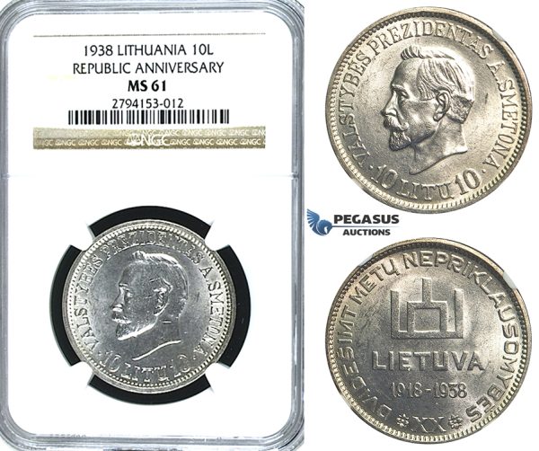 R389, Lithuania, Republic Anniversary, 10 Litu 1938, Silver, NGC MS61