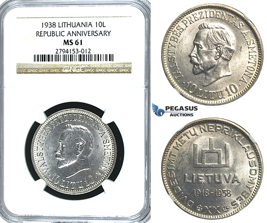 R389, Lithuania, Republic Anniversary, 10 Litu 1938, Silver, NGC MS61