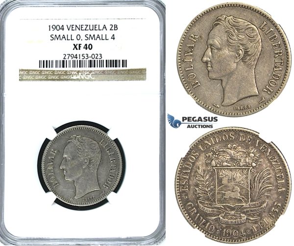 R395, Venezuela, 2 Bolivares 1904 (Small 0 Small 4) Silver, NGC XF40